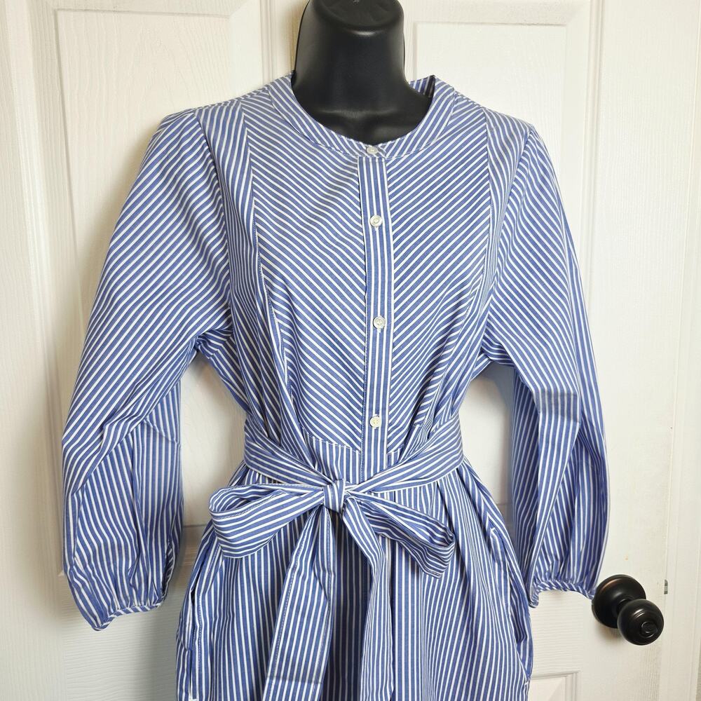 J Mclaughlin Striped Shirt Dress Medium Blue Midi Bow Belt Pockets Nautical - Picture 2 of 11